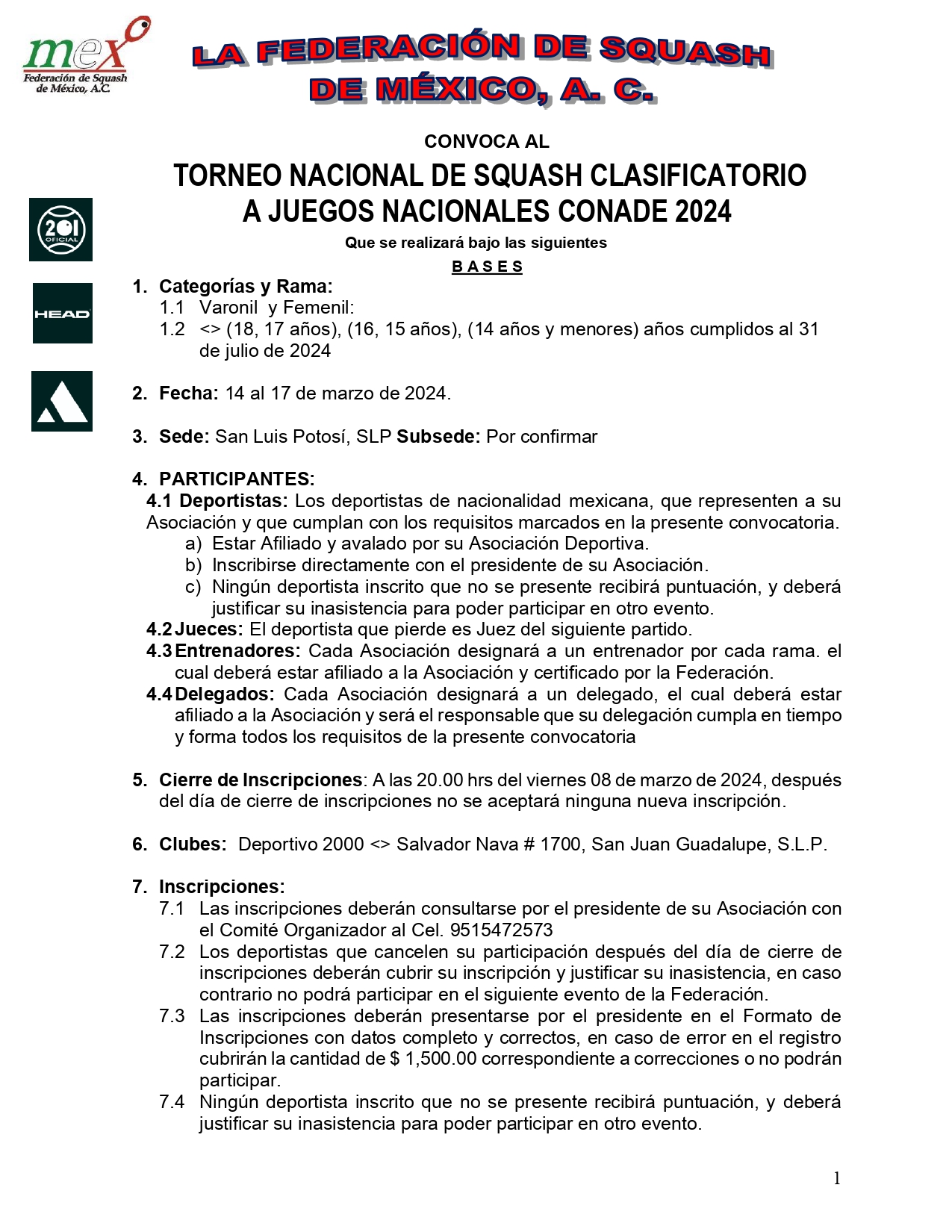 Torneo Nacional De Squash Clasificatorio A Juegos Nacionales CONADE